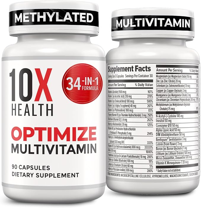 10X Health Optimize Methylated Multivitamin for Men - 90 Capsules, 34 in 1 Formula
