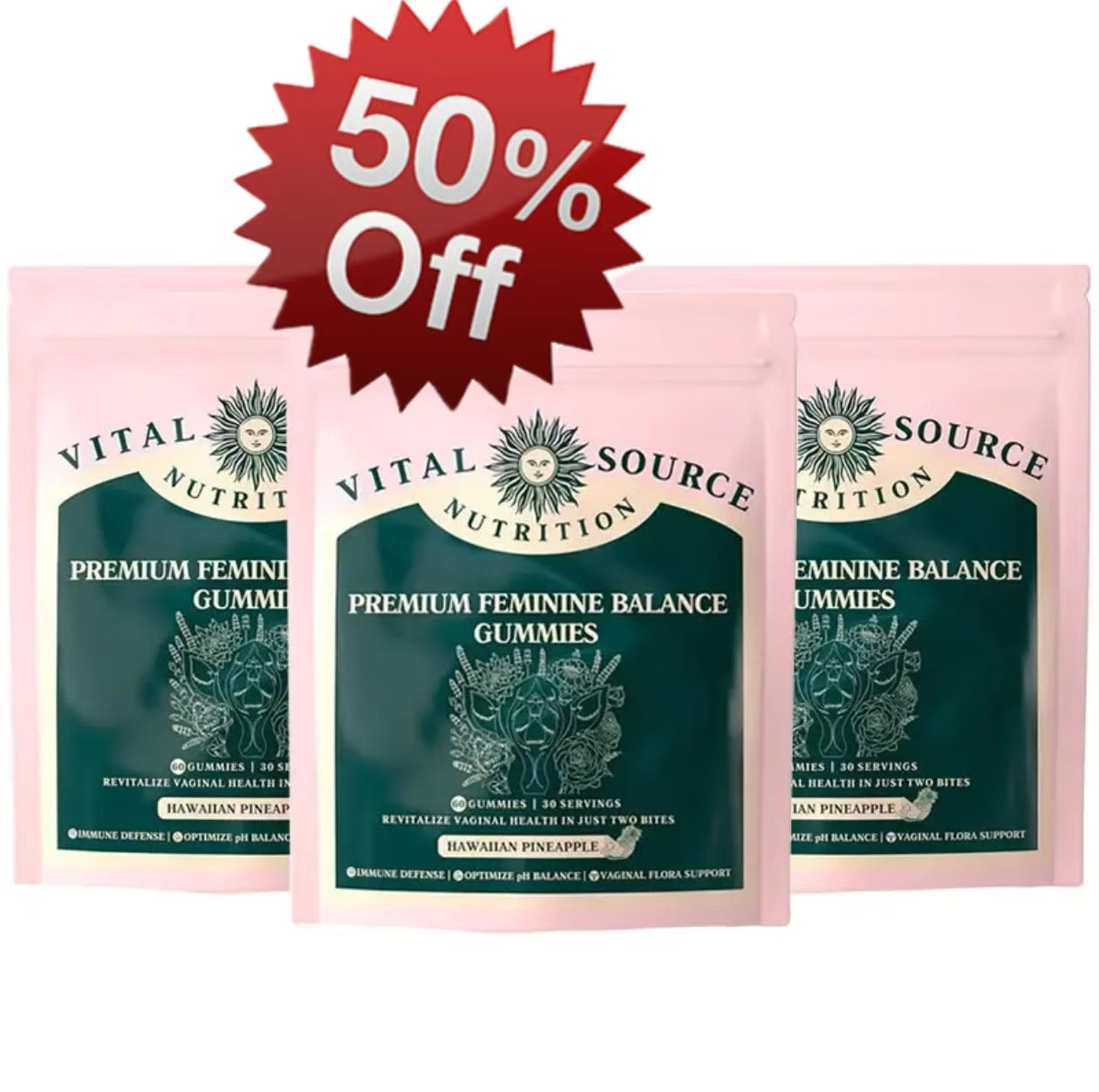 Vital Source Nutrition - Premium Feminine Balance Gummies - for Women’s Health & Wellness - Immune Support - Vegan, Gluten-Free - Hawaiian Pineapple - 60 Gummies - 30 Servings