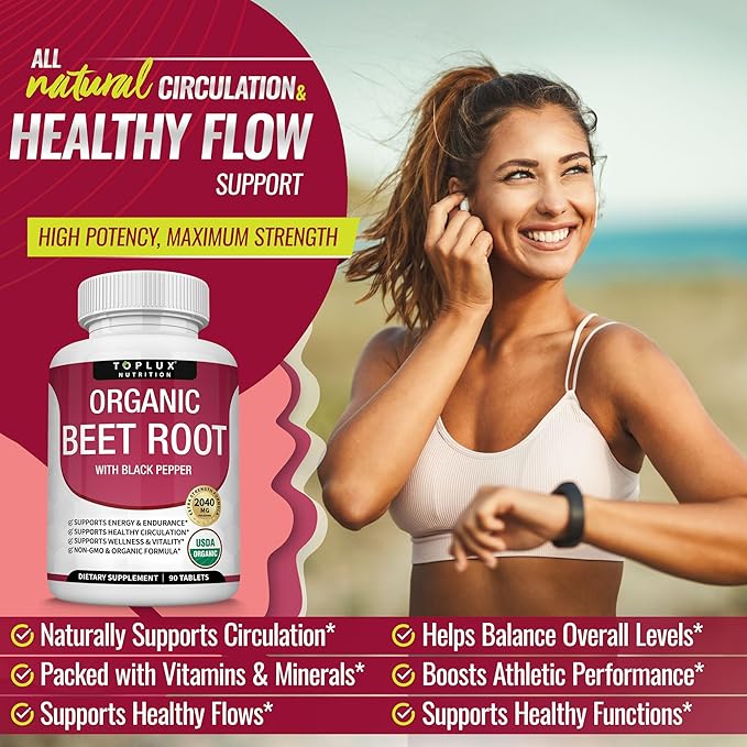 TopLux Organic Beet Root 2040mg – 90 Tablets – Energy, Circulation & Antioxidant