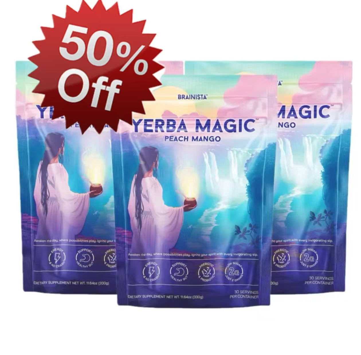 Yerba Mate Instant  Powder, 3-in-1 Super Drink - Clean Energy, Brain Fog Buster, and Gut Health Powered by Nootropics, Prebiotics and Probiotics | Yerba Magic Peach Mango 30 Servings