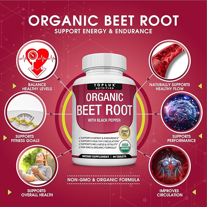 TopLux Organic Beet Root 2040mg – 90 Tablets – Energy, Circulation & Antioxidant