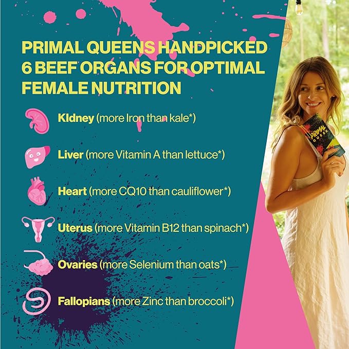 Primal Queen Beef Organ Superfood - 30 Day Refill，Female-Optimized Beef Organ Superfood Supplement (Beef Liver, Kidney, Heart, & 3 More) - 100% Grass Fed, Pasture Raised Cattle - Balance Hormones, Energy, & More for Women