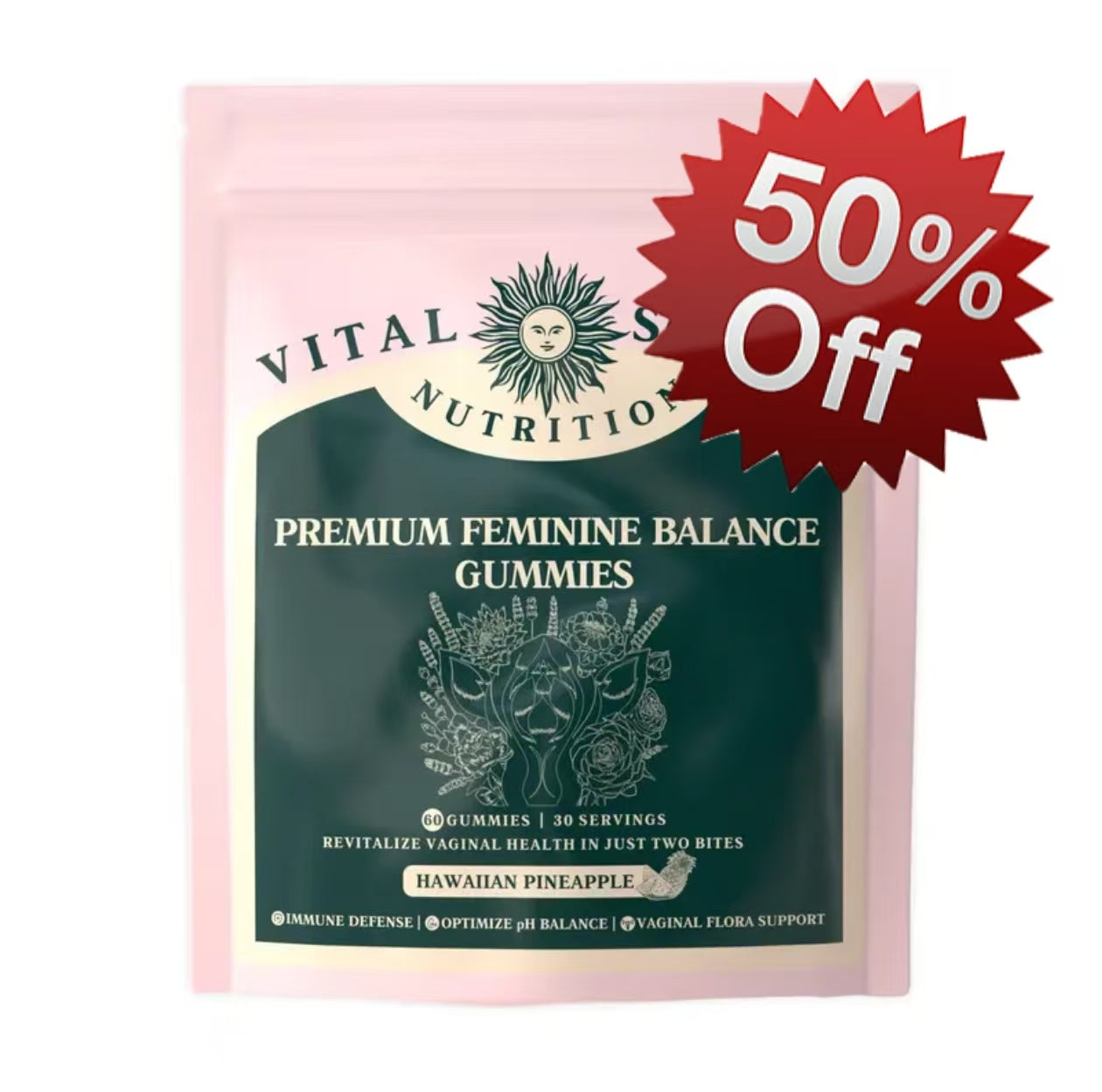 Vital Source Nutrition - Premium Feminine Balance Gummies - for Women’s Health & Wellness - Immune Support - Vegan, Gluten-Free - Hawaiian Pineapple - 60 Gummies - 30 Servings